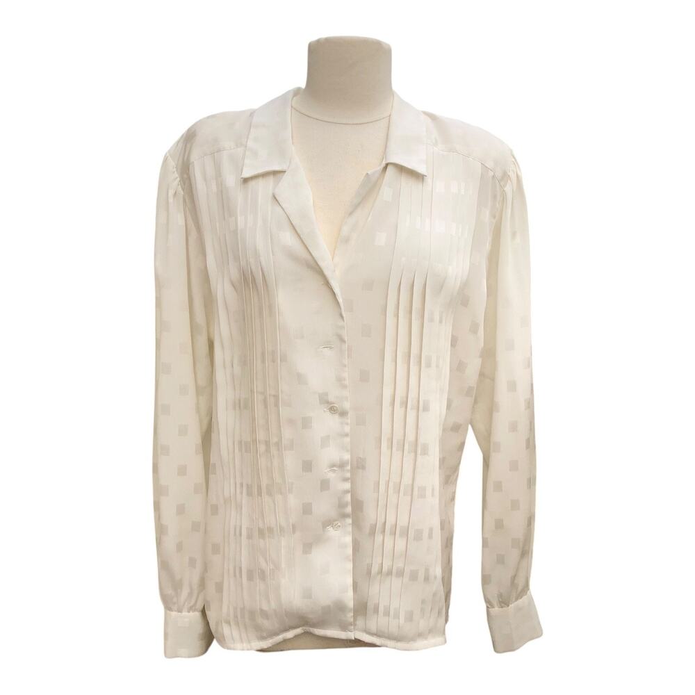 Vintage Liz Claiborne Button Up Blouse Long Sleeve Pleated Square Pattern SZ 10
